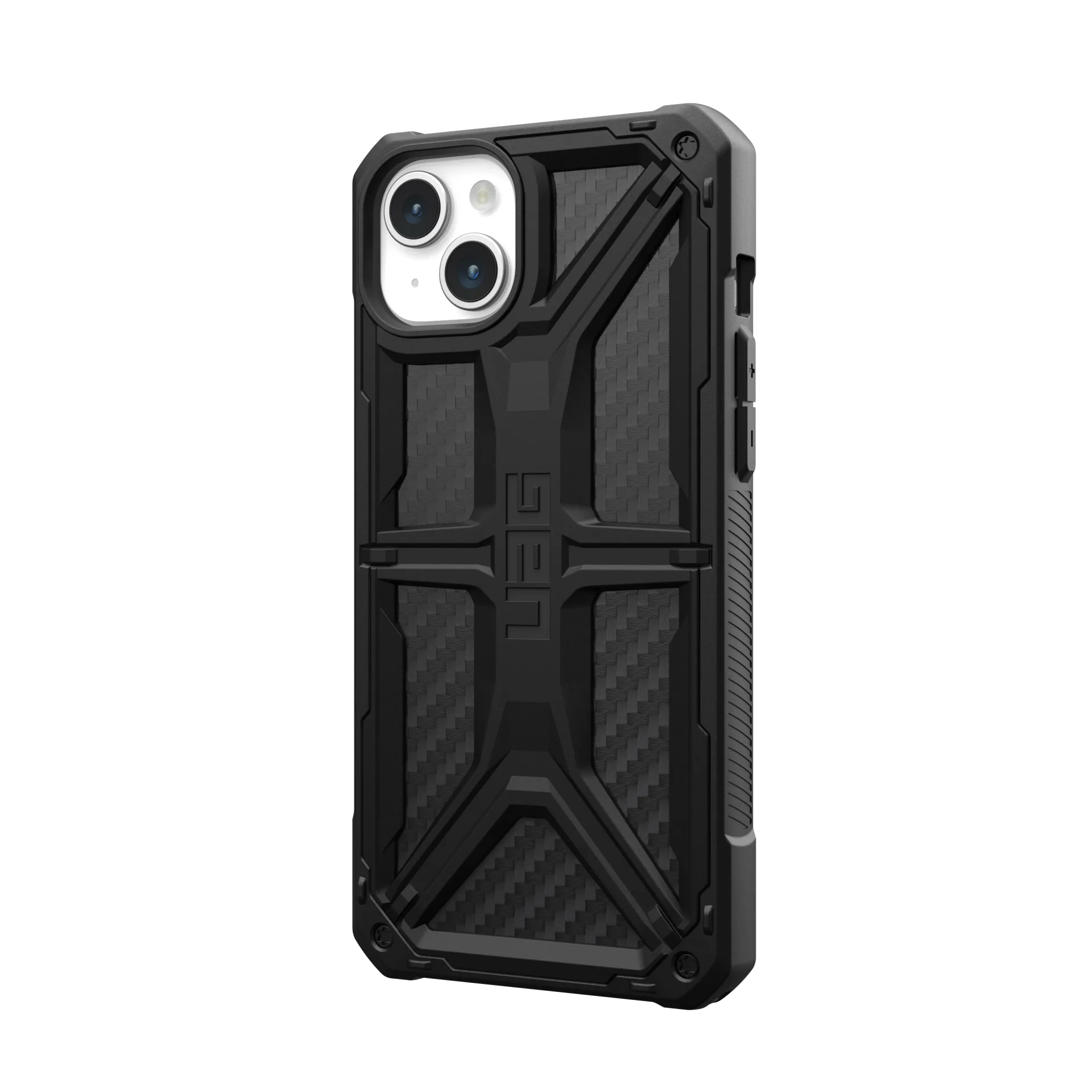 Funda negra para teléfono con patrón de fibra de carbono y esquinas reforzadas.