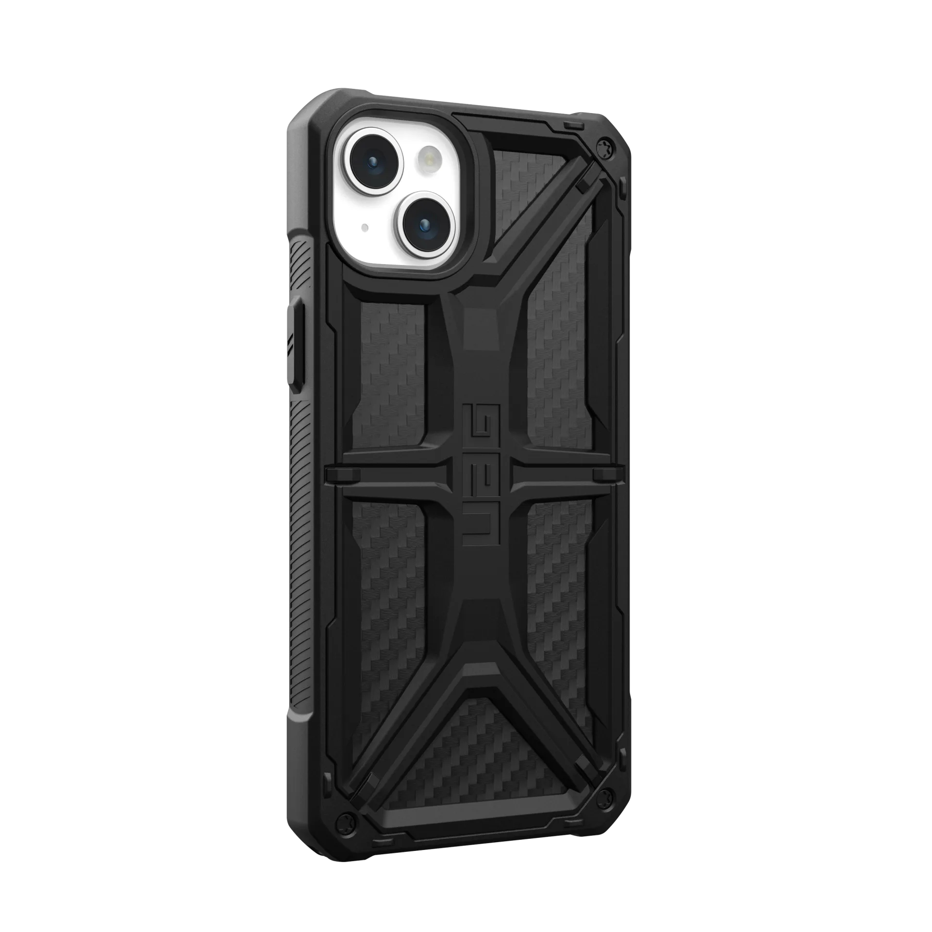 Funda negra para teléfono con patrón texturizado y protección de cámara.