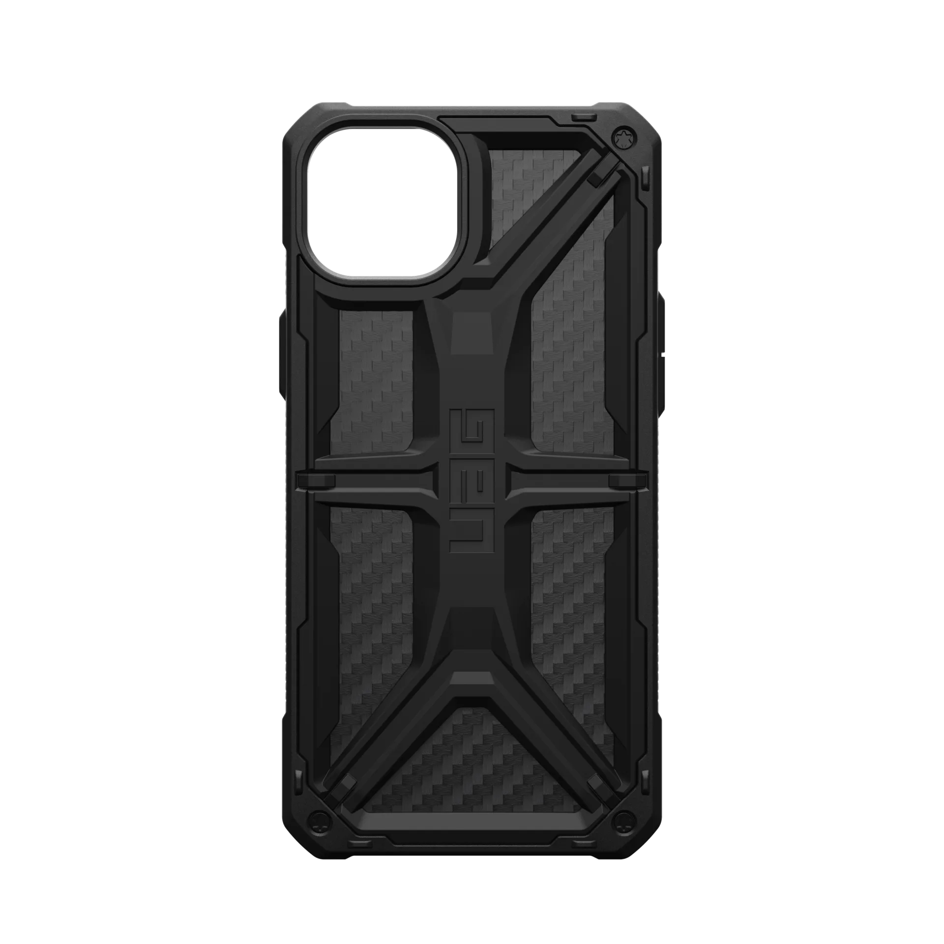 Funda de teléfono negra y resistente con patrón de carbono y acentos geométricos.