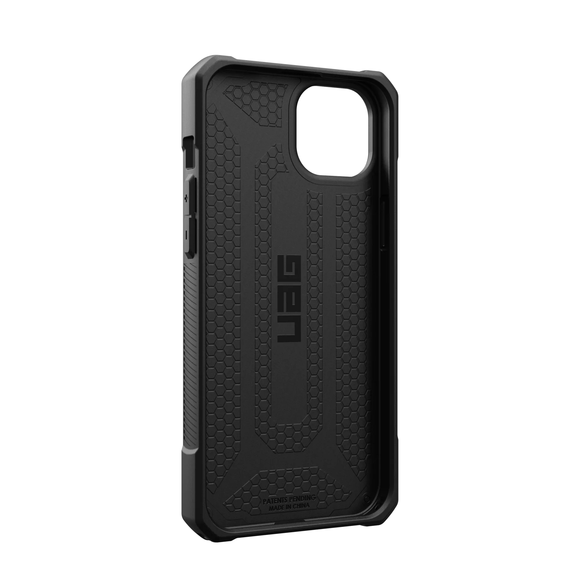 Custodia nera per telefono con motivo a nido d'ape e logo UAG, per iPhone.