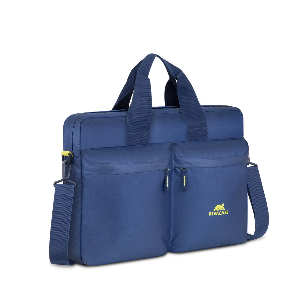 Borsa porta PC blu scuro con due tasche frontali e manici.