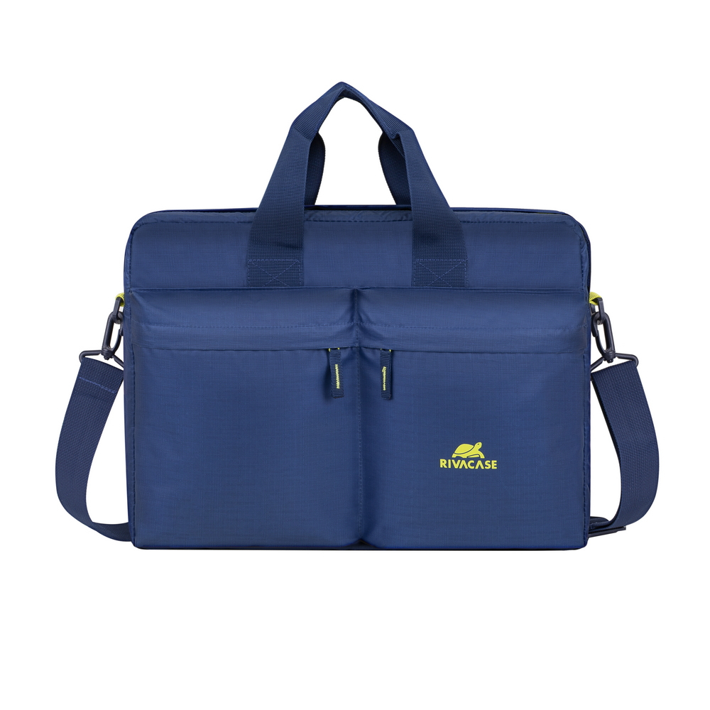 Una borsa per laptop blu scuro con due manici e una tracolla.