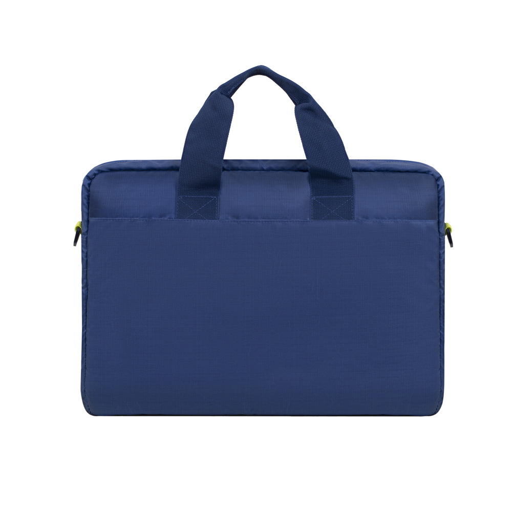 Una borsa per laptop blu scuro con due manici e una cerniera. Vista ravvicinata.