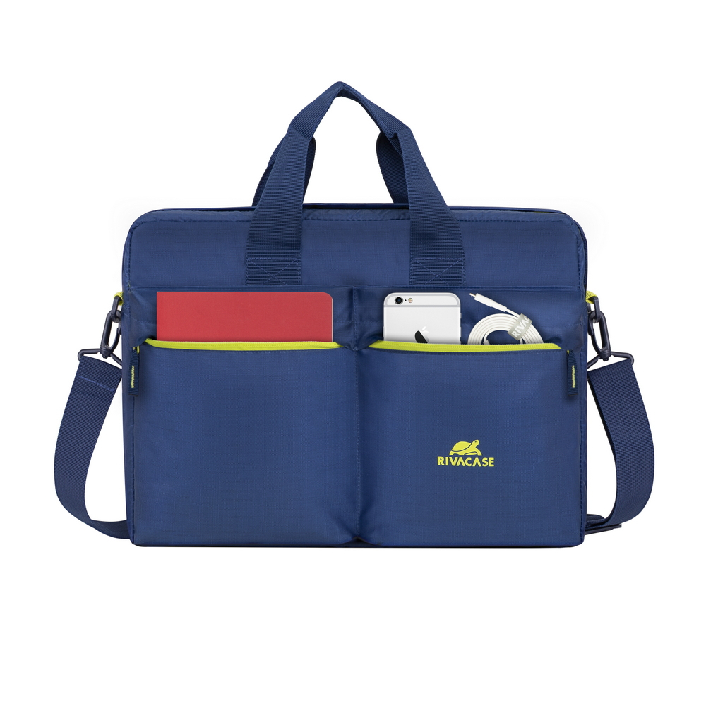 Borsa blu per laptop con due tasche frontali, contenente un taccuino rosso e uno smartphone.