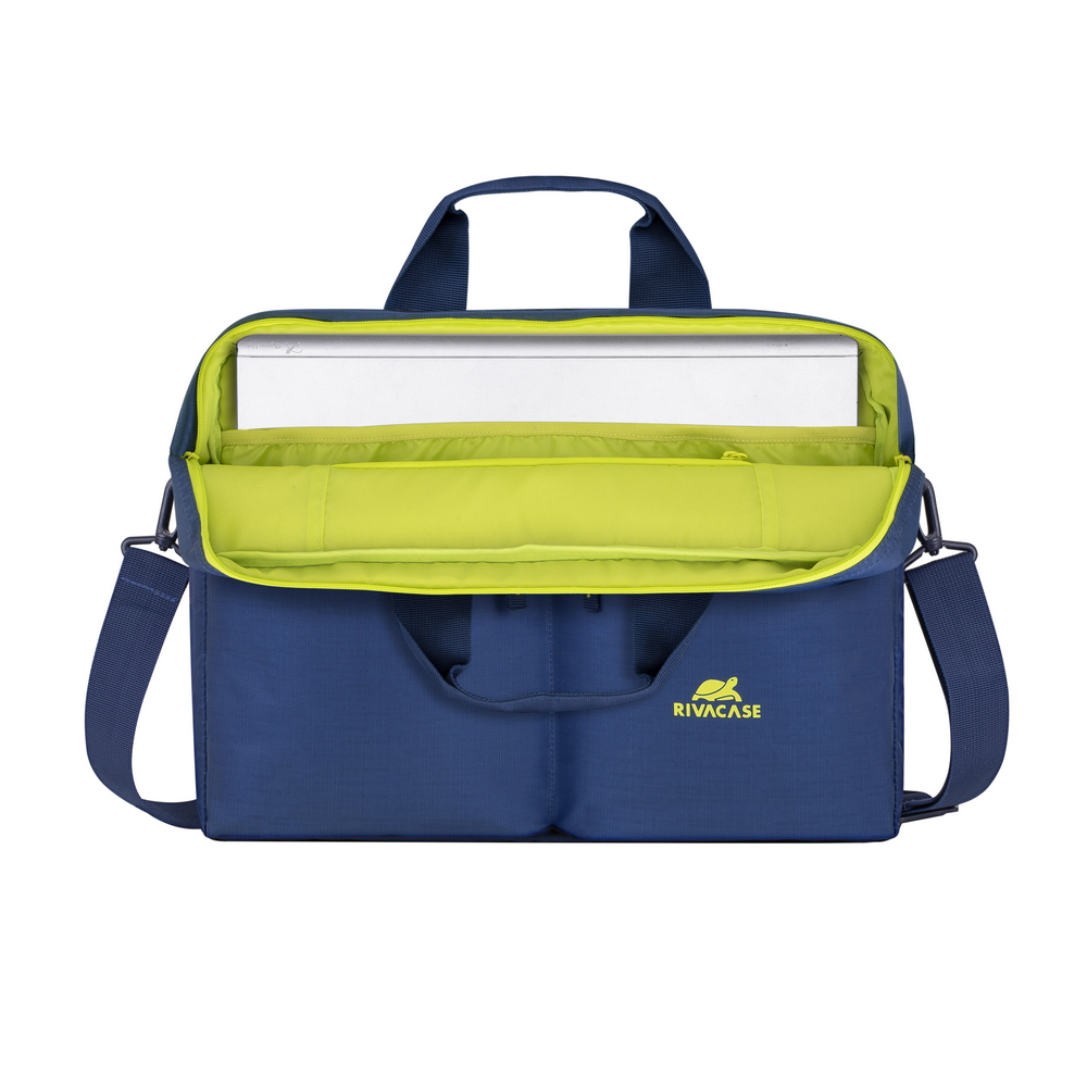 Borsa blu scuro per laptop con interno verde brillante e laptop.