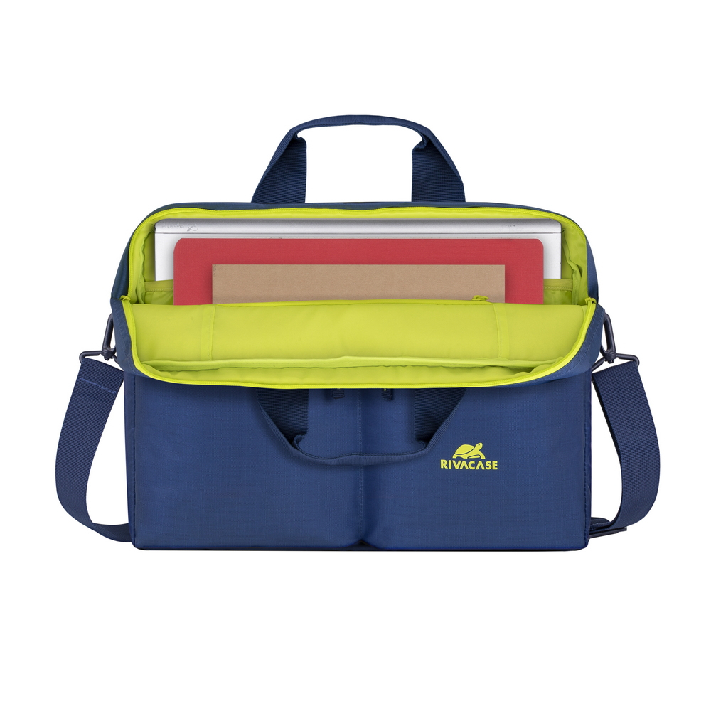 Borsa blu scuro per laptop con fodera verde brillante, contiene laptop e libri.
