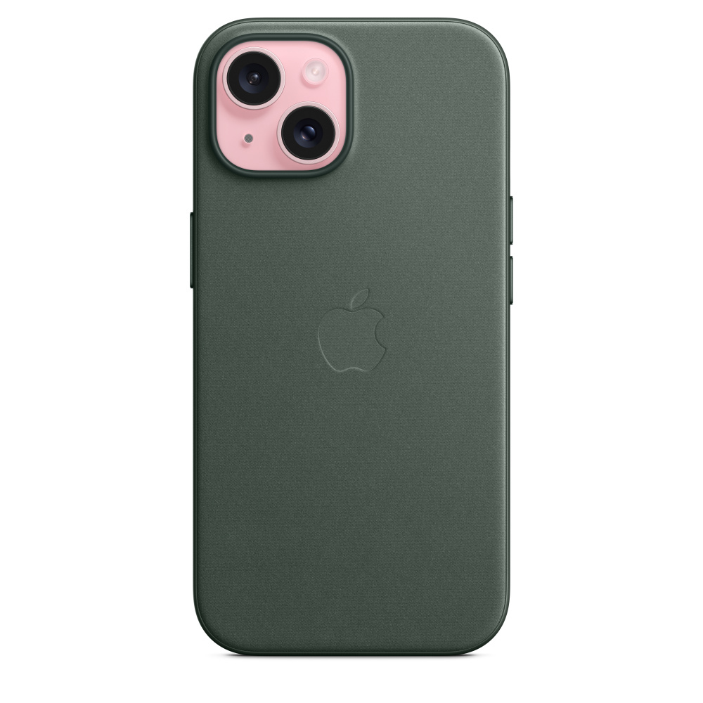 Coque de téléphone vert foncé avec logo Apple et découpe caméra. Minimaliste.