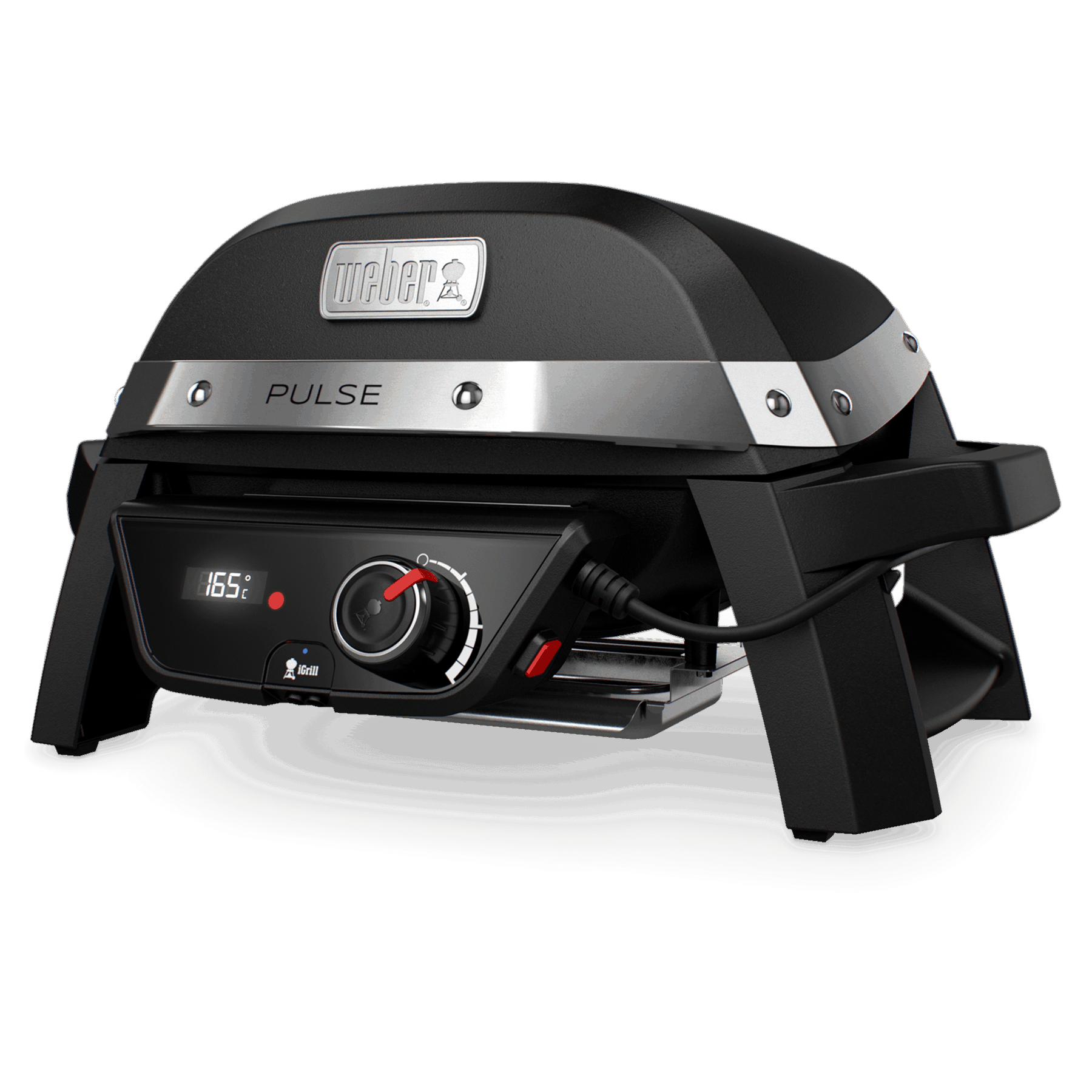 Schwarzer Weber Pulse Elektrogrill mit Digitalanzeige, die 165°C anzeigt, und roter Kontrollleuchte.
