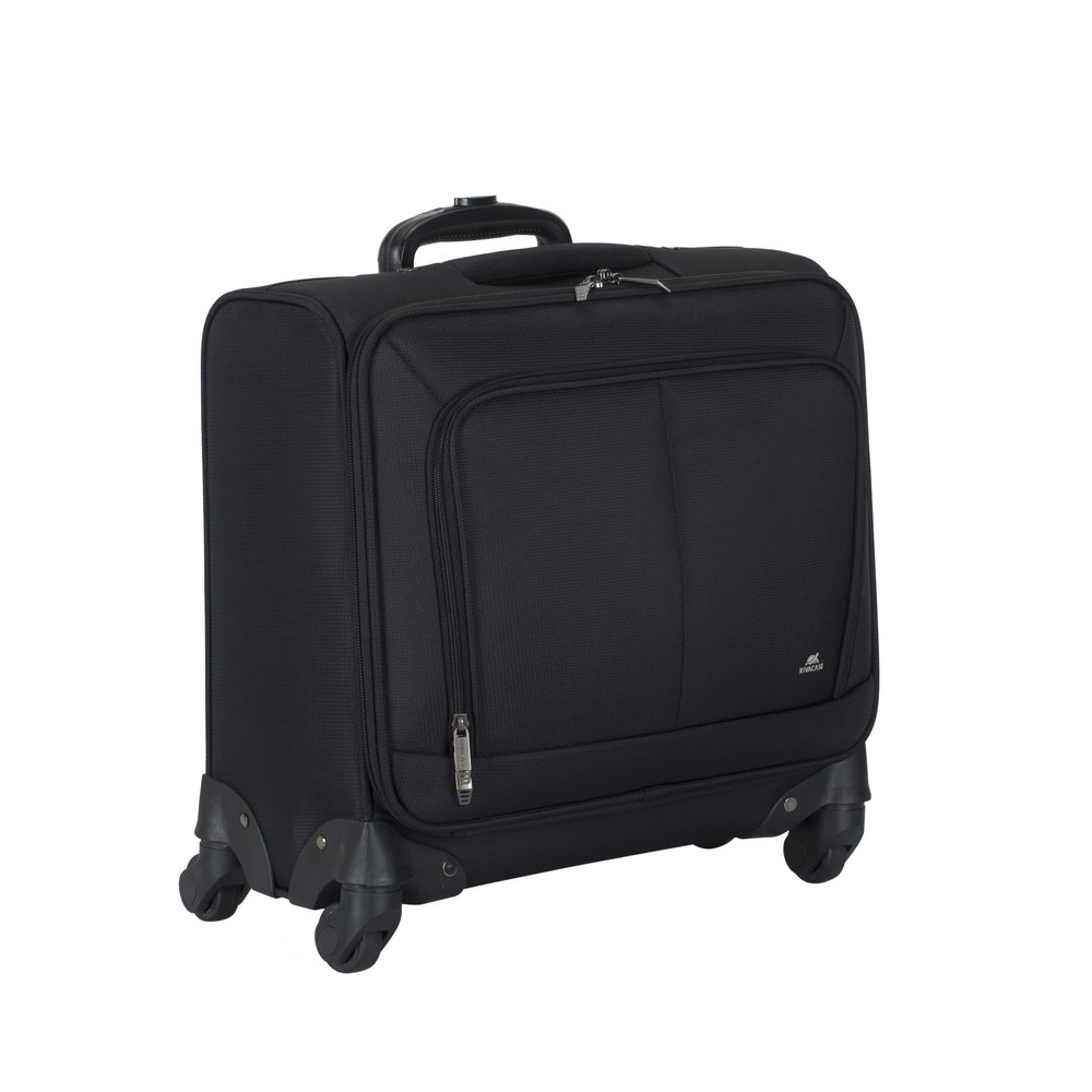 Borsone nero con rotelle, manico retrattile e tasche con zip.