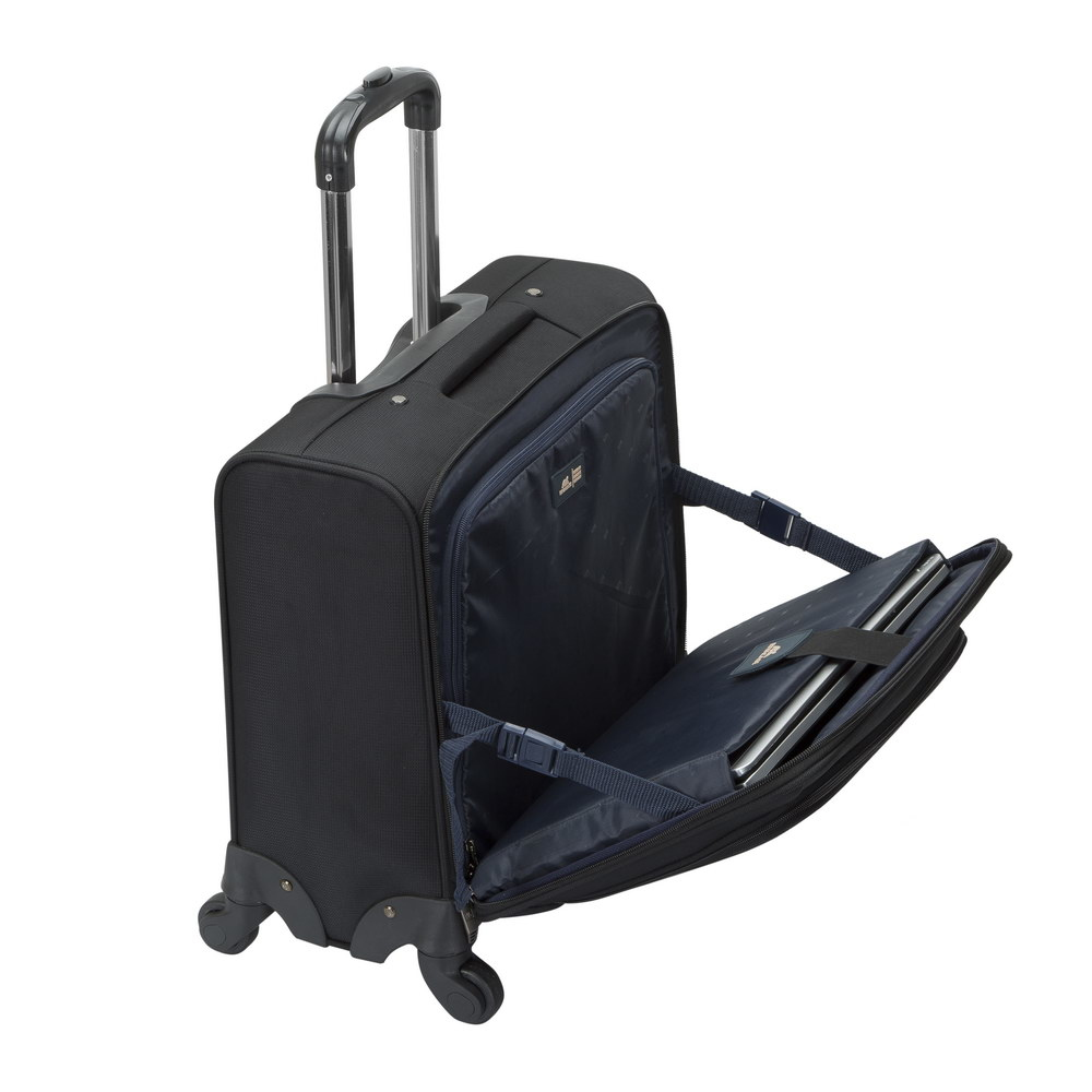 Valigia nera con rotelle e manico esteso, aperta con scomparto laptop.