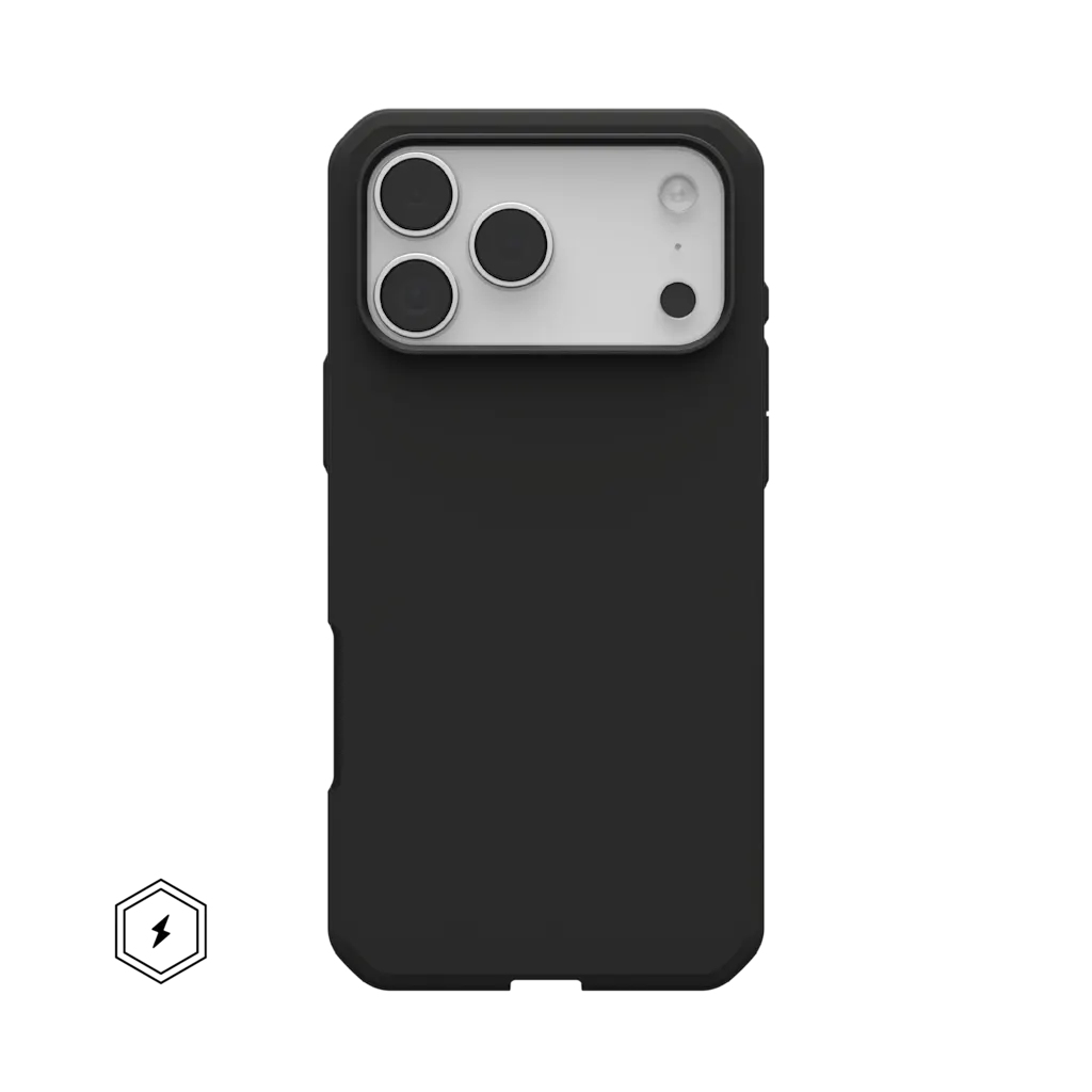 Schwarze Handyhülle mit dreifacher Rückkamera und Blitz-Logo.