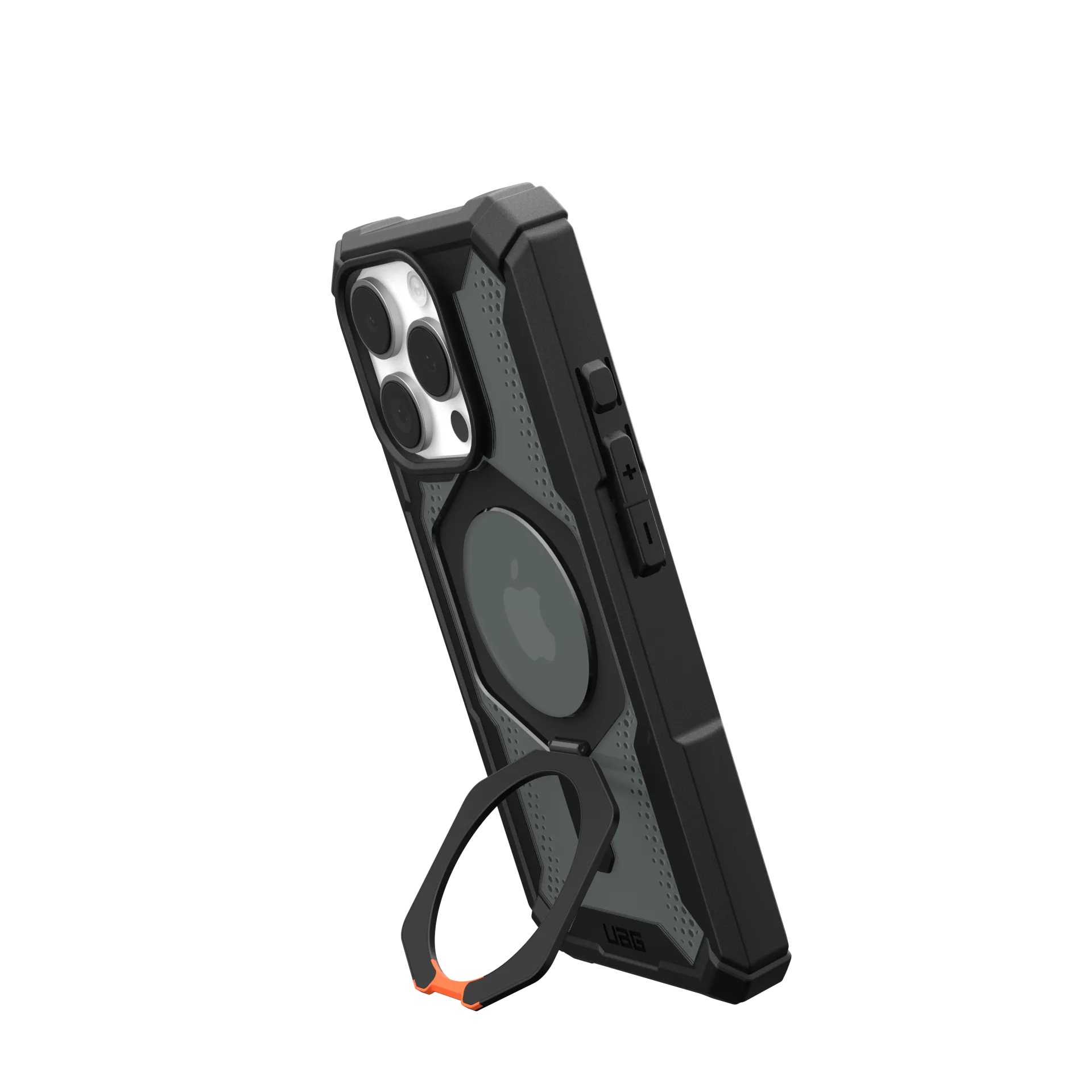 Ein schwarzes Handygehäuse mit integriertem Ringständer und Apple-Logo.