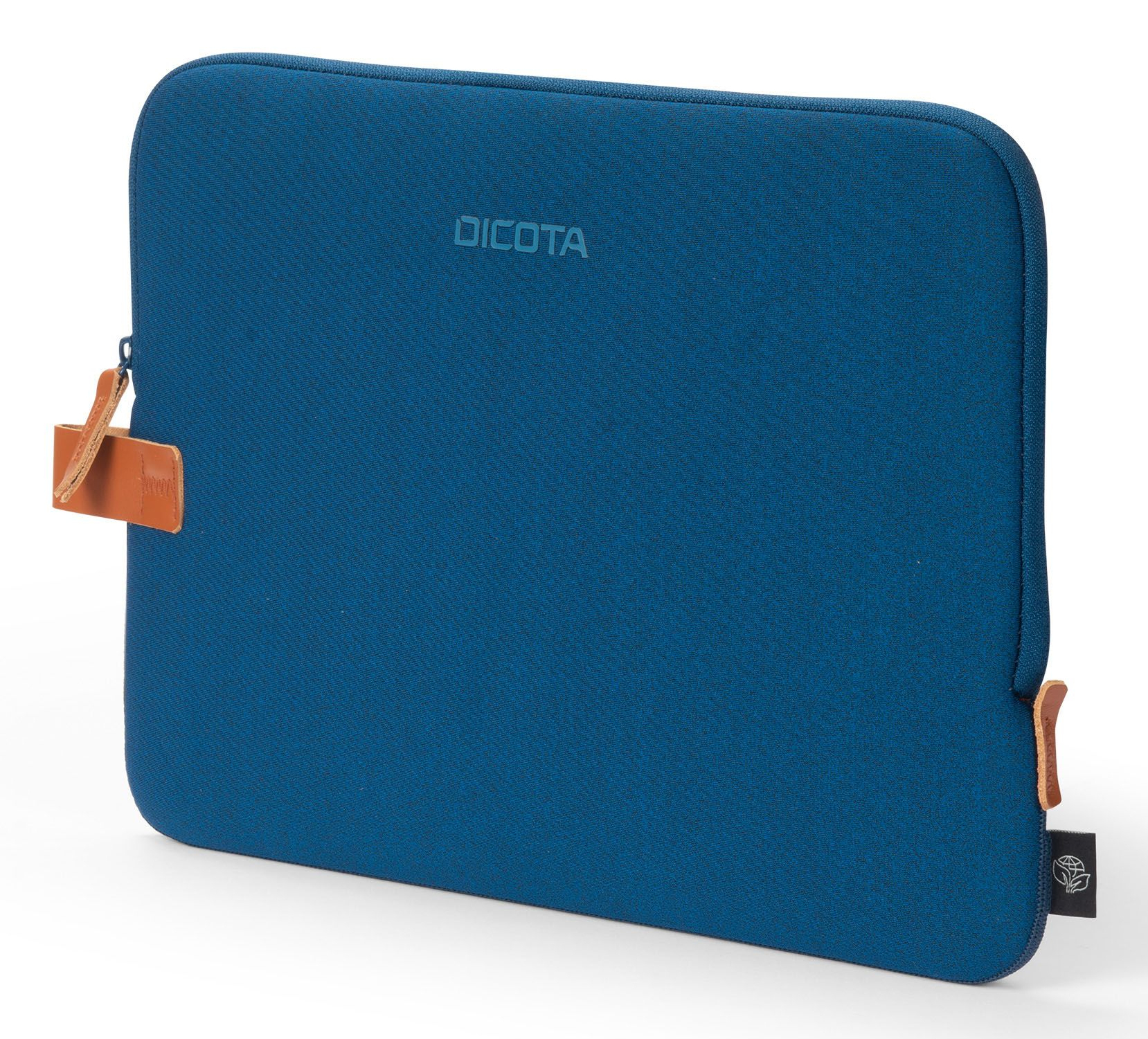 Blauer DICOTA-Laptop-Sleeve mit Lederlasche und Umweltzeichen.