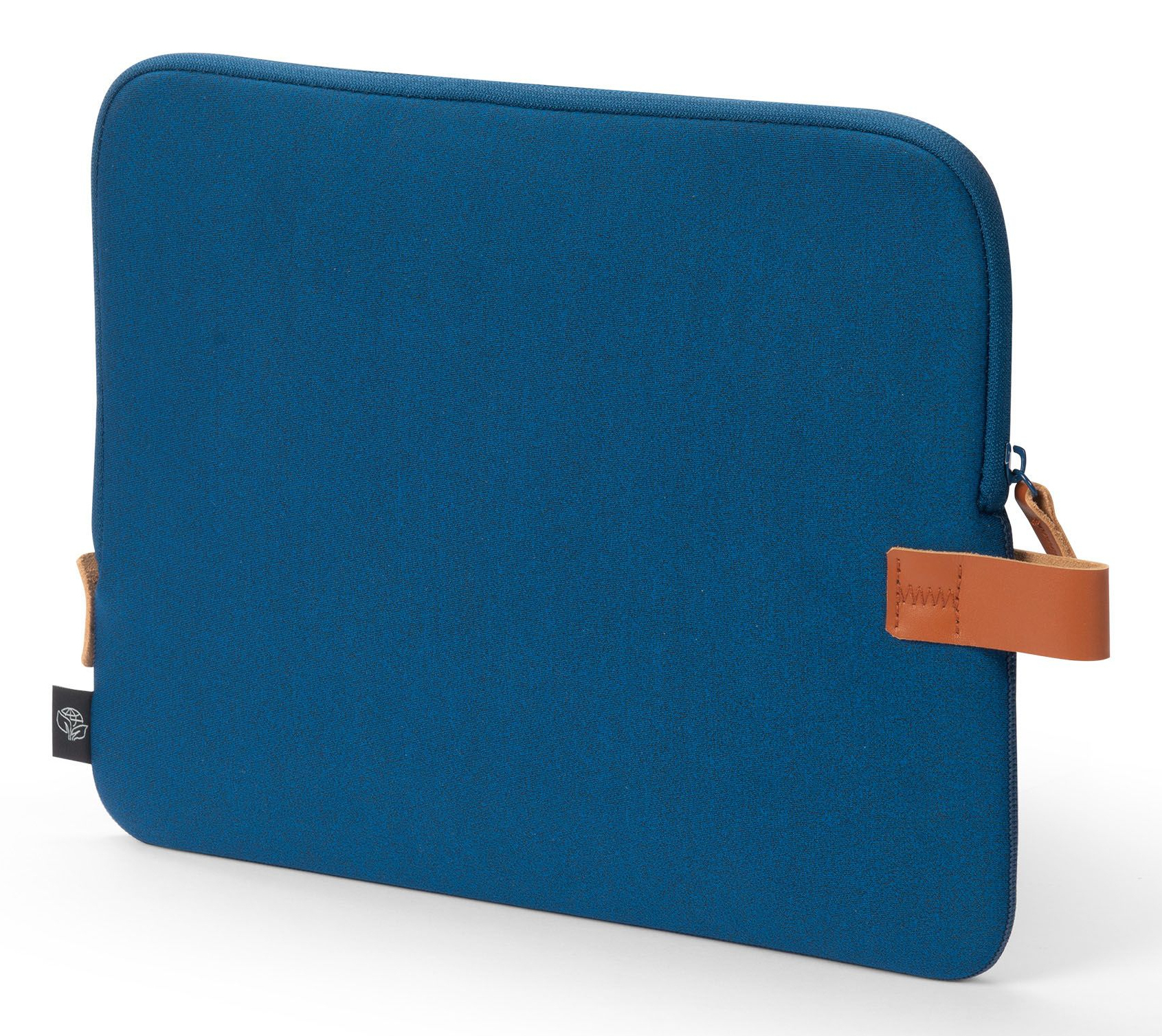 Blaue Laptoptasche aus Stoff mit braunem Ledergriff und Reißverschluss.