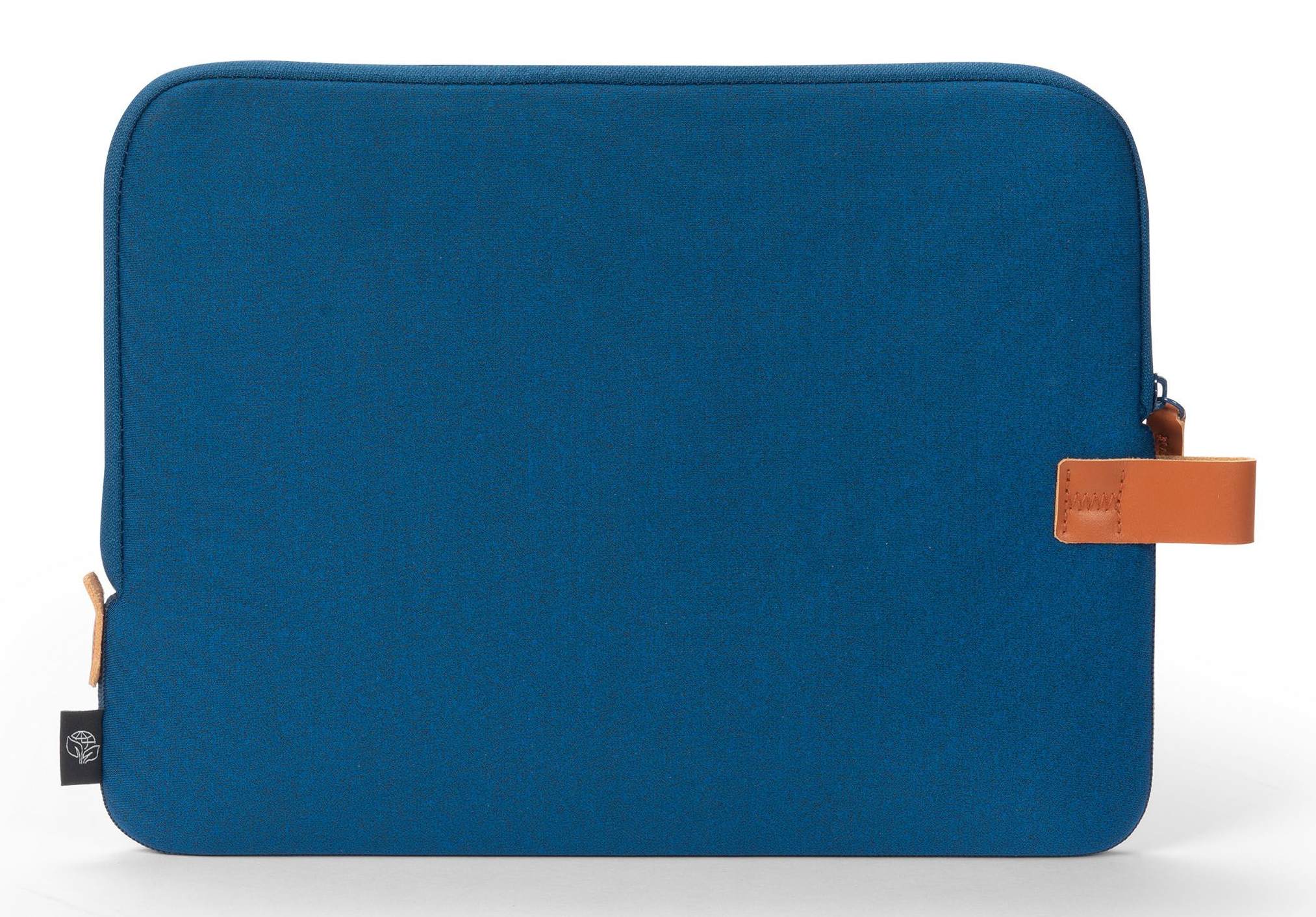 Blaues Laptop-Etui mit braunen Lederdetails und Reißverschluss.