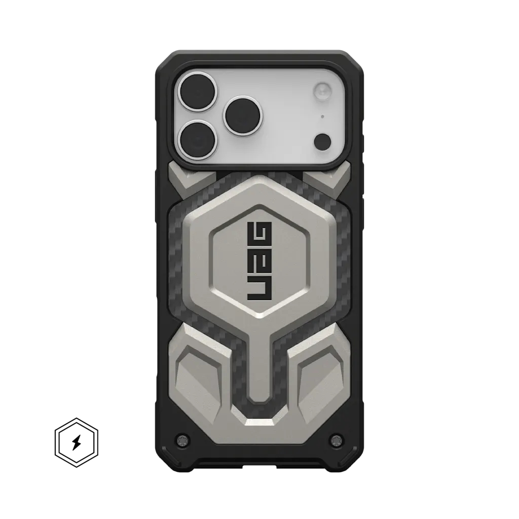 Ein robustes schwarzes iPhone-Gehäuse mit silbernem Sechskantmuster und UAG-Logo.