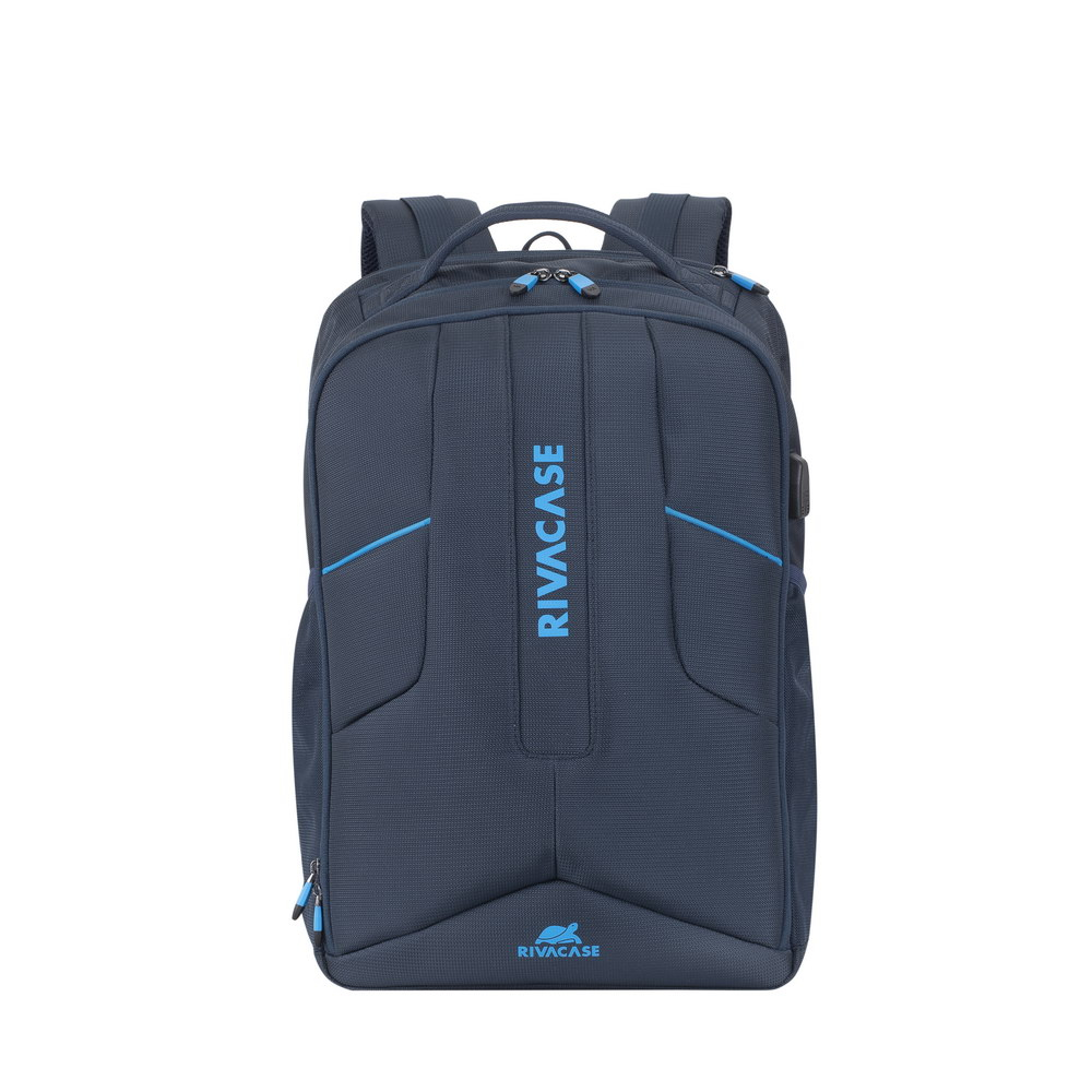 A navy blue backpack with blue accents and the RIVACASE logo.