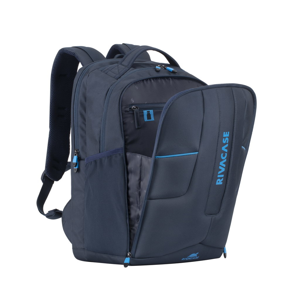 A dark blue backpack with its main compartment open, showing the RIVACASE logo.
