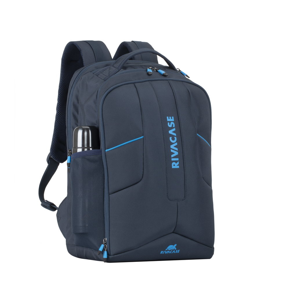 A dark blue backpack with blue accents and a silver thermos in the side pocket.