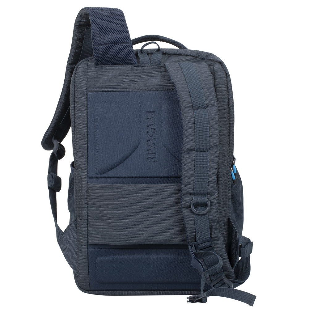 A dark blue backpack with padded straps and RIVACASE logo.