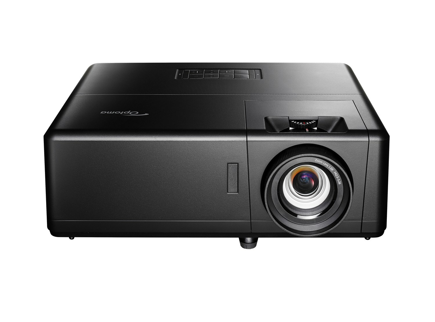 Un proiettore Optoma nero con obiettivo zoom e pulsanti sulla parte superiore.