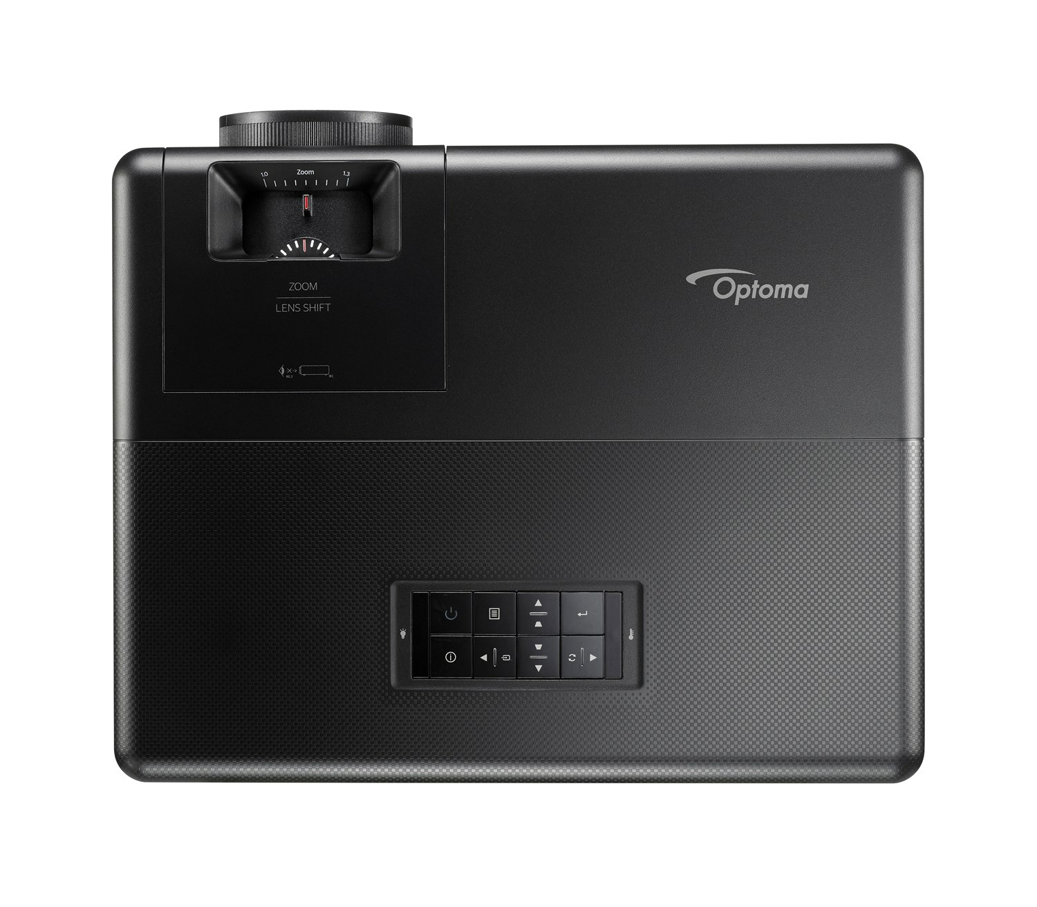 Proiettore Optoma nero con controlli zoom e lens shift e pannello comandi.