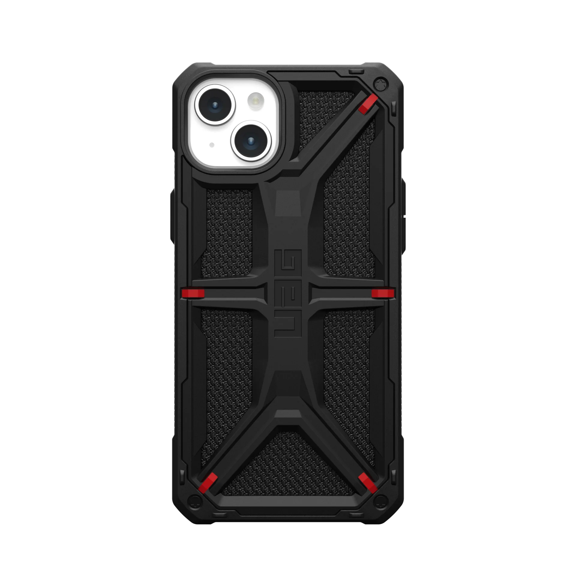 Custodia protettiva nera per iPhone con due fotocamere e accenti rossi.
