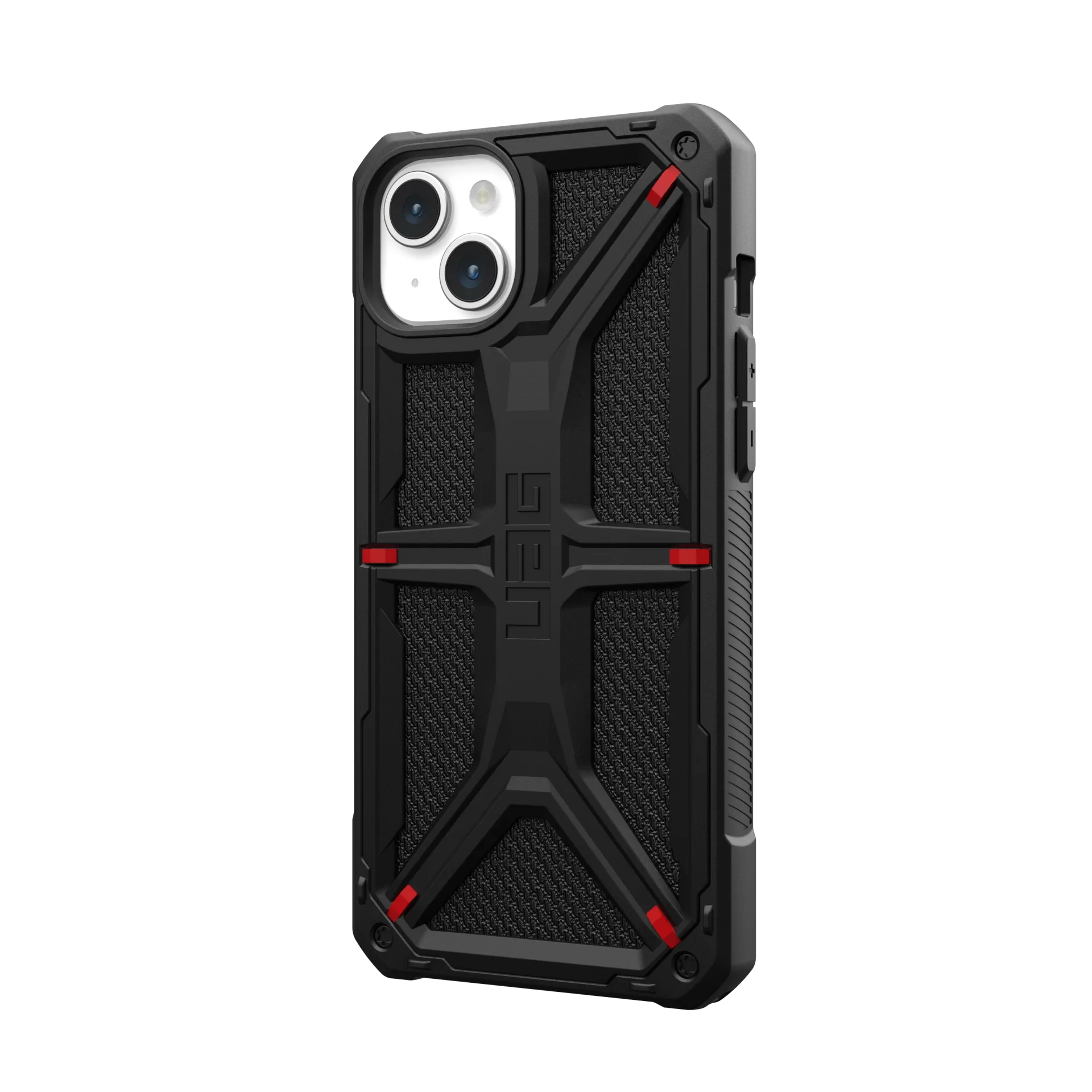 Custodia nera per iPhone con accenti rossi e logo UAG.