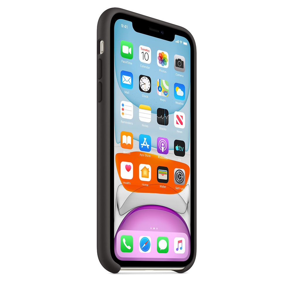 Ein schwarzes iPhone mit iOS-Startbildschirm auf weißem Hintergrund.
