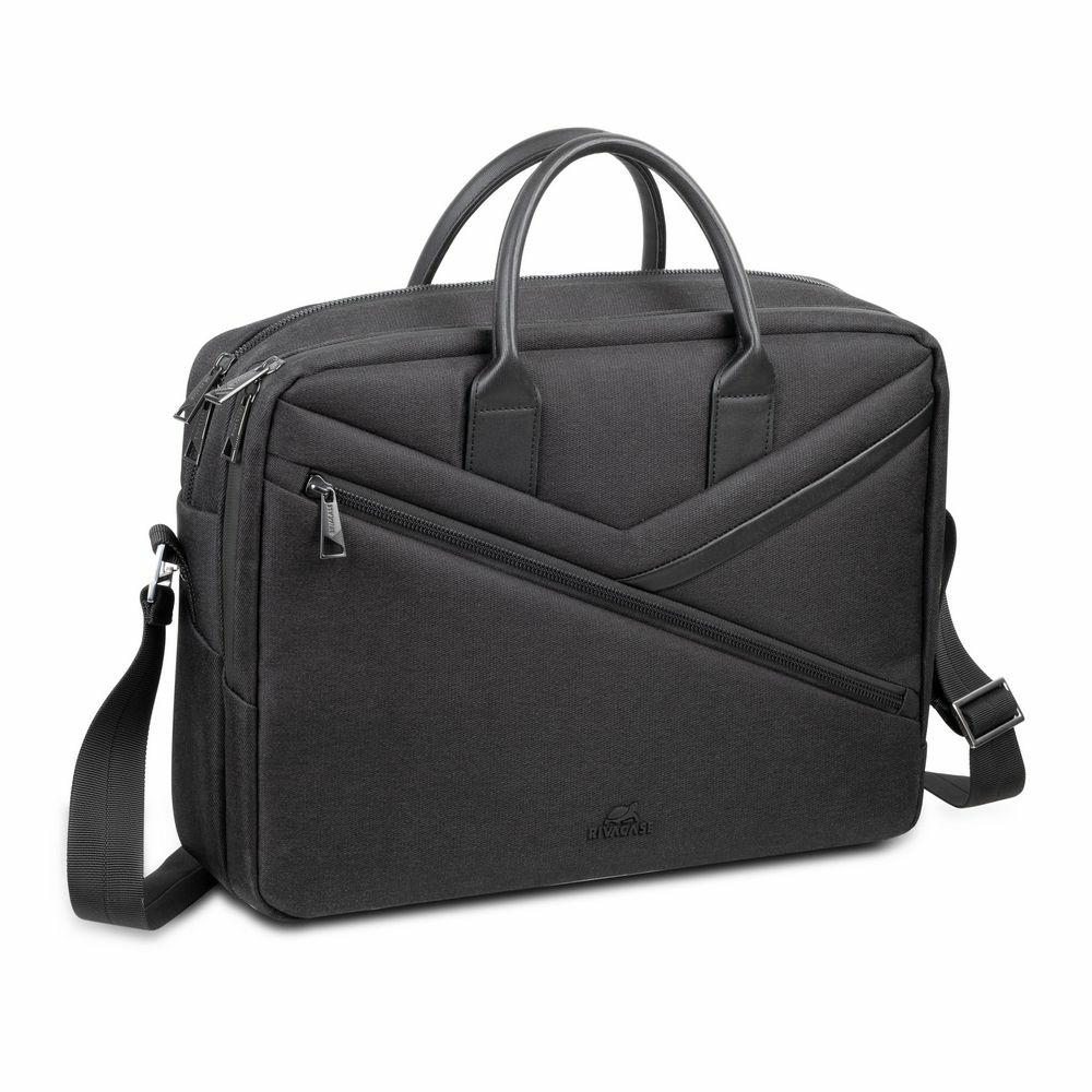 Schwarze Laptoptasche mit zwei Griffen und Schultergurt. Sie hat
Reißverschlüsse und ein Logo.