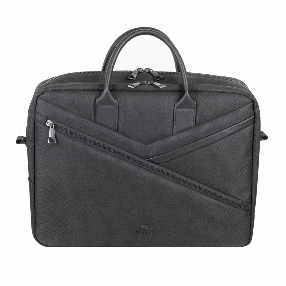 Eine schwarze Laptoptasche mit zwei Griffen und Reißverschlüssen.