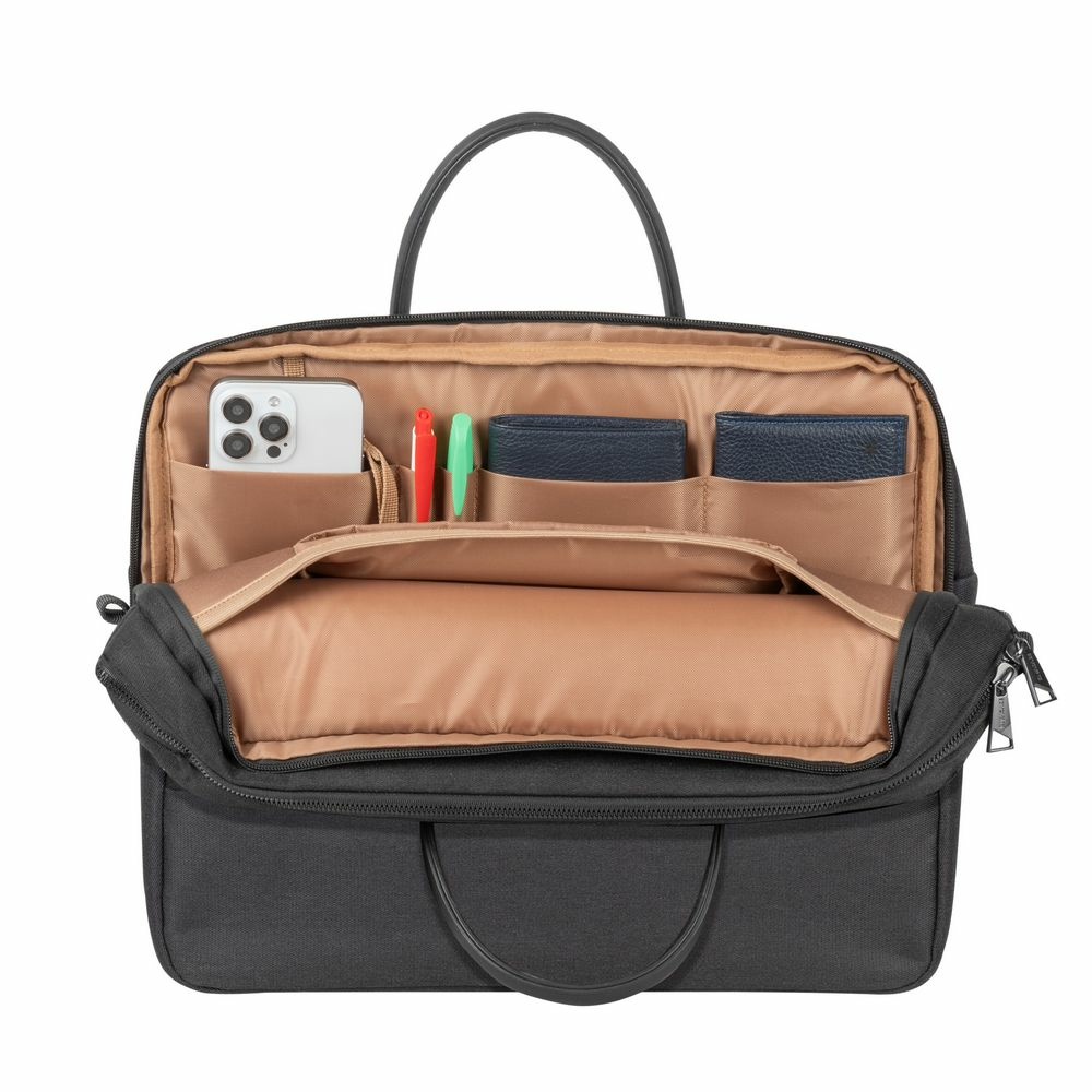 Schwarze Laptoptasche mit offenem Fach, Handy, Stiften und Brieftaschen.