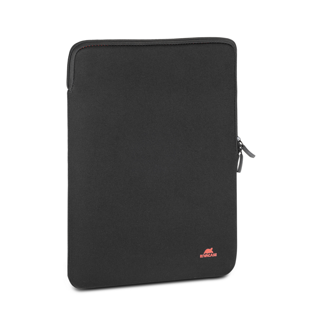 Custodia nera per laptop con cerniera e logo rosso in basso a destra.