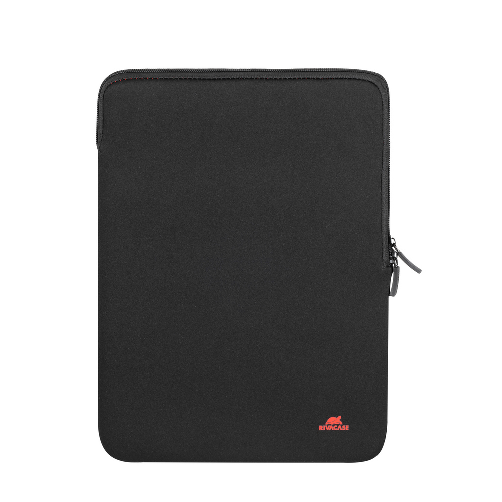 Custodia nera per laptop con cerniera e logo rosso in basso a destra.