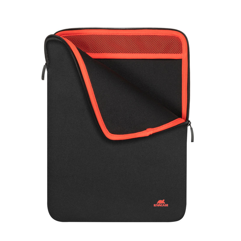 Custodia nera per laptop con interno arancione aperto e dettaglio in rete. Logo Rivacase in basso a destra.