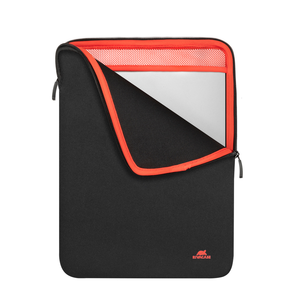Custodia nera per laptop con zip rossa e fodera in rete. Parte di un laptop è visibile.
