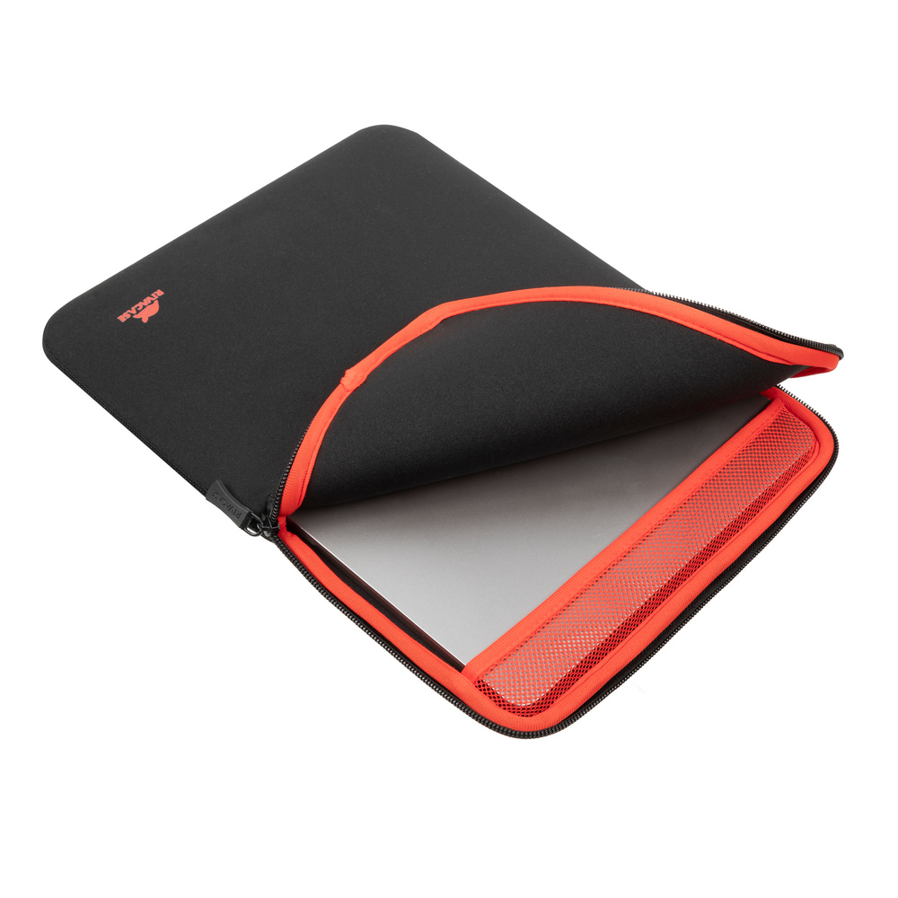 Custodia nera per laptop con cerniera arancione, un laptop è parzialmente all'interno.