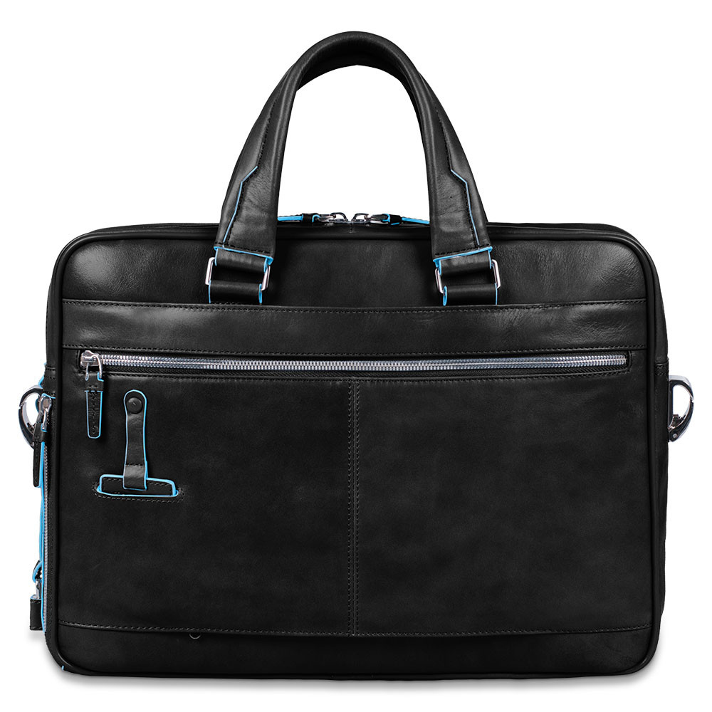 Schwarze Ledertasche mit blauen Akzenten, Reißverschlüssen und Henkeln.