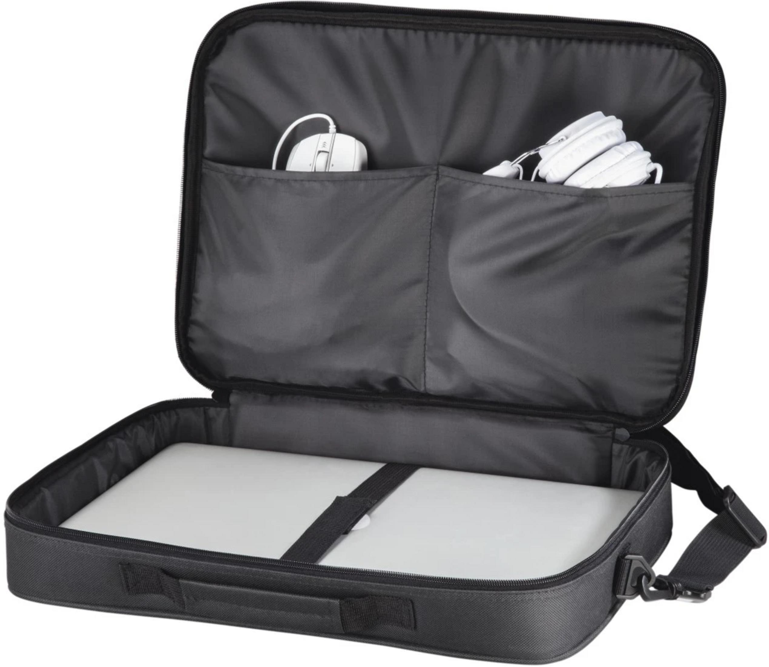 Borsa per laptop nera aperta con laptop, mouse bianco e cuffie all'interno.