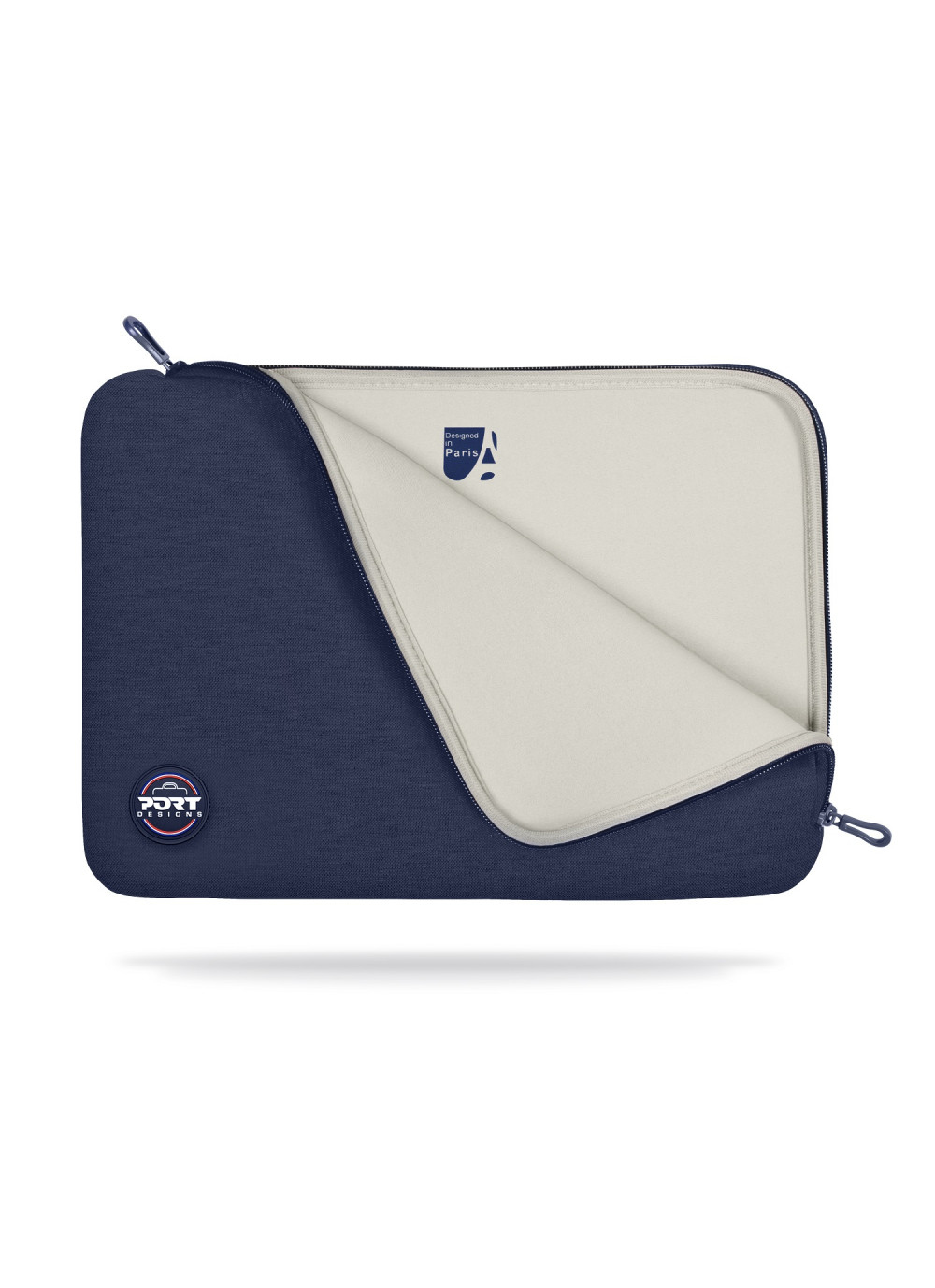 Custodia blu scuro per laptop, cerniera aperta, interno beige, loghi davanti e dentro.