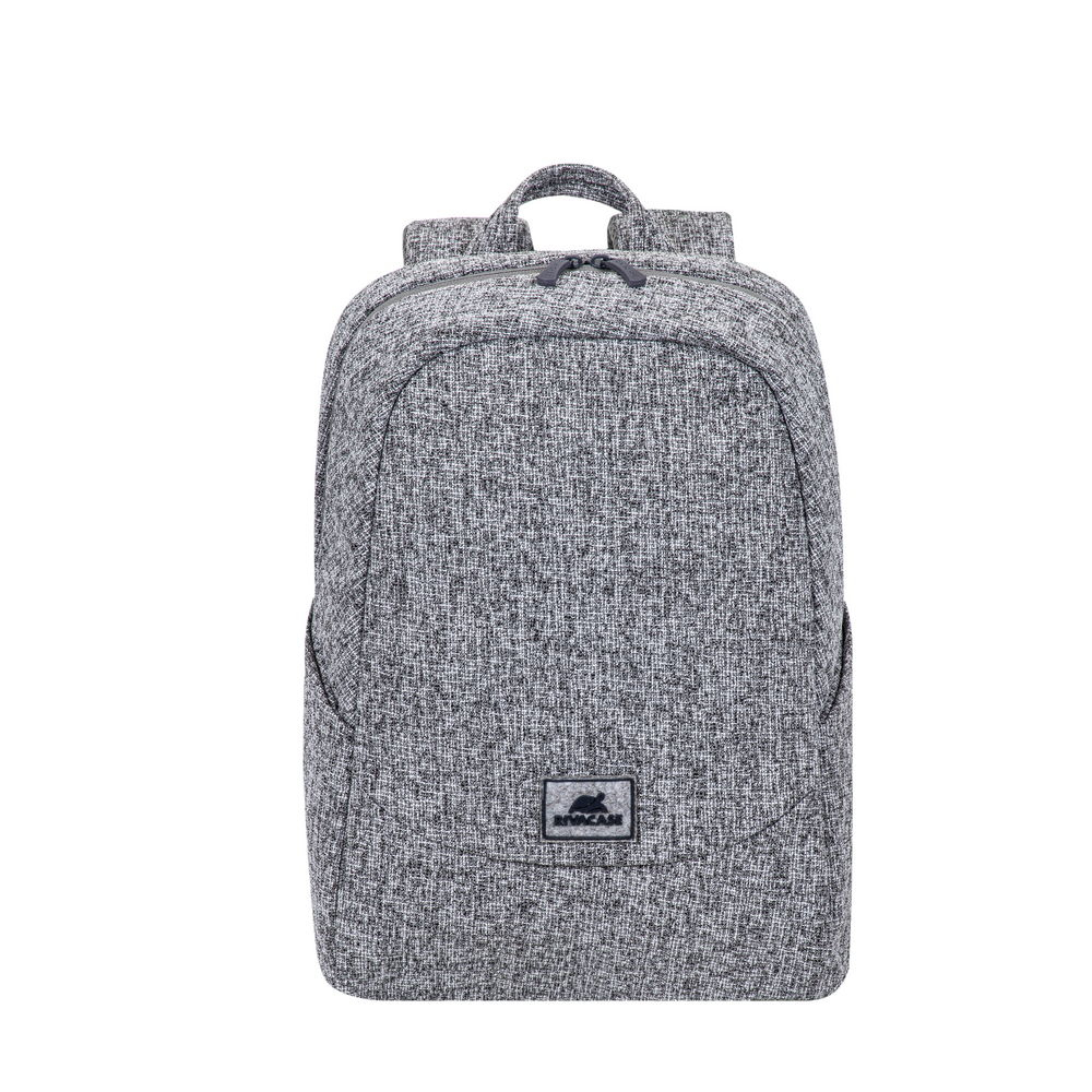 Grauer Rucksack mit Reißverschluss und Logo auf der Vorderseite.