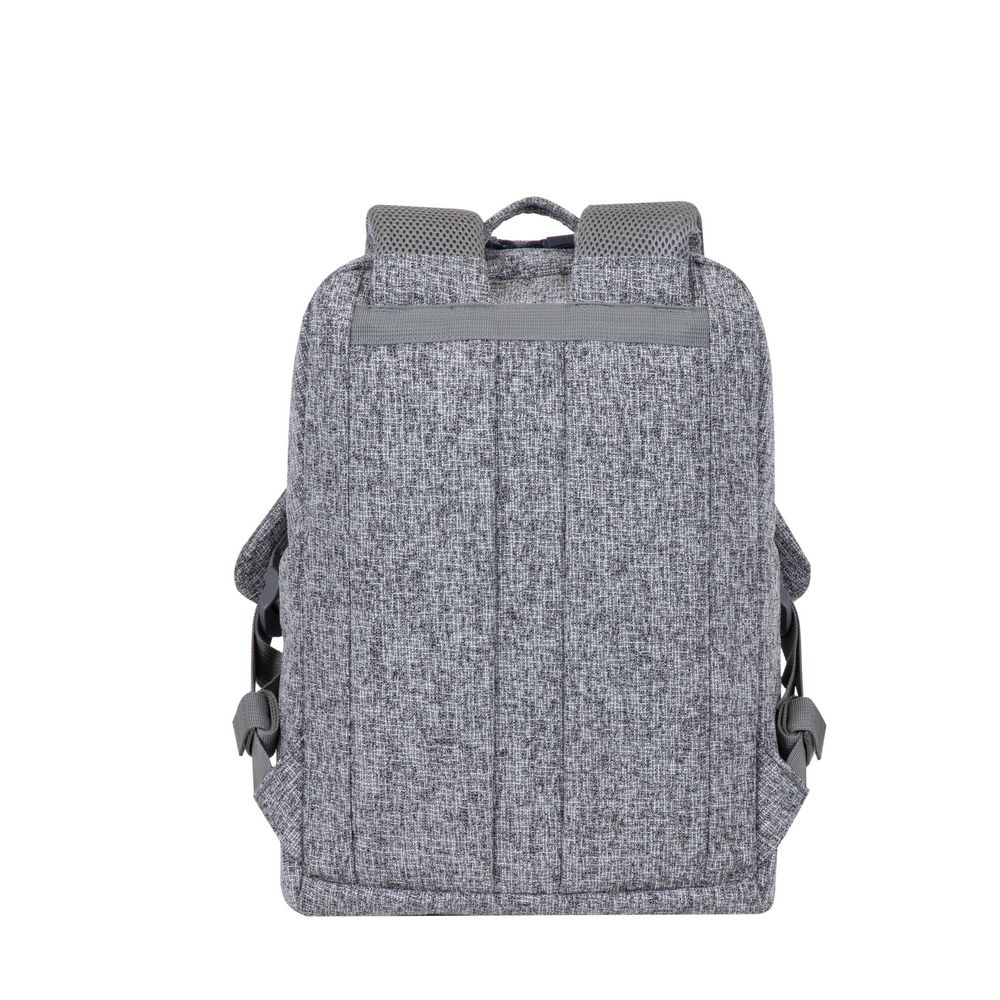 Rucksack von hinten, grau meliert, mit gepolsterten Schultergurten und Seitentaschen.