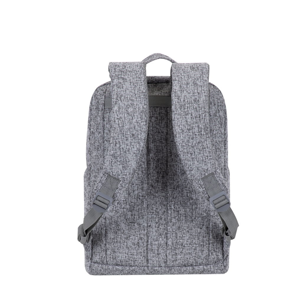 Ein grauer Rucksack mit Textur und verstellbaren Trägern von hinten.