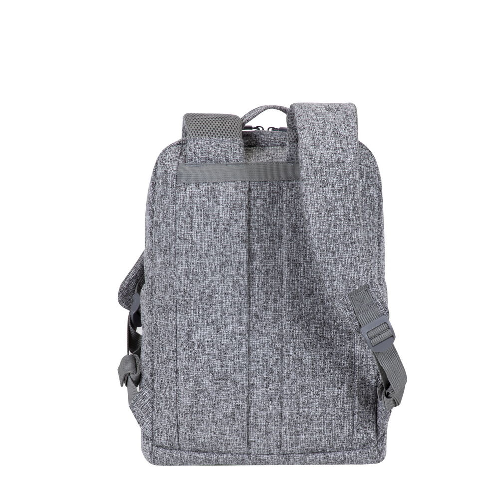 Rückansicht eines grauen Rucksacks mit verstellbaren Trägern und Netzpolsterung am oberen Rand.