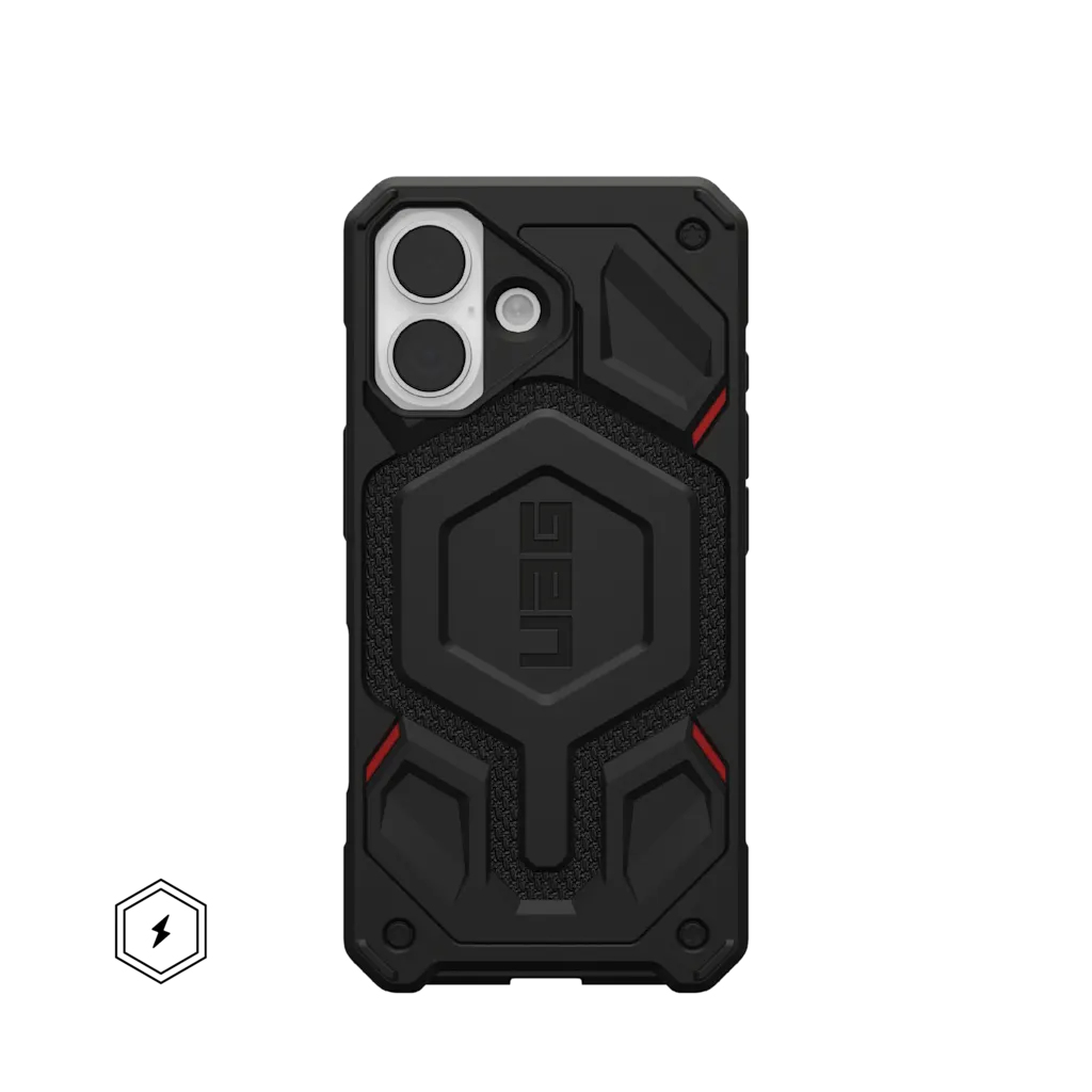 Zwarte telefoonhoes met hexagonaal patroon en rode accenten.