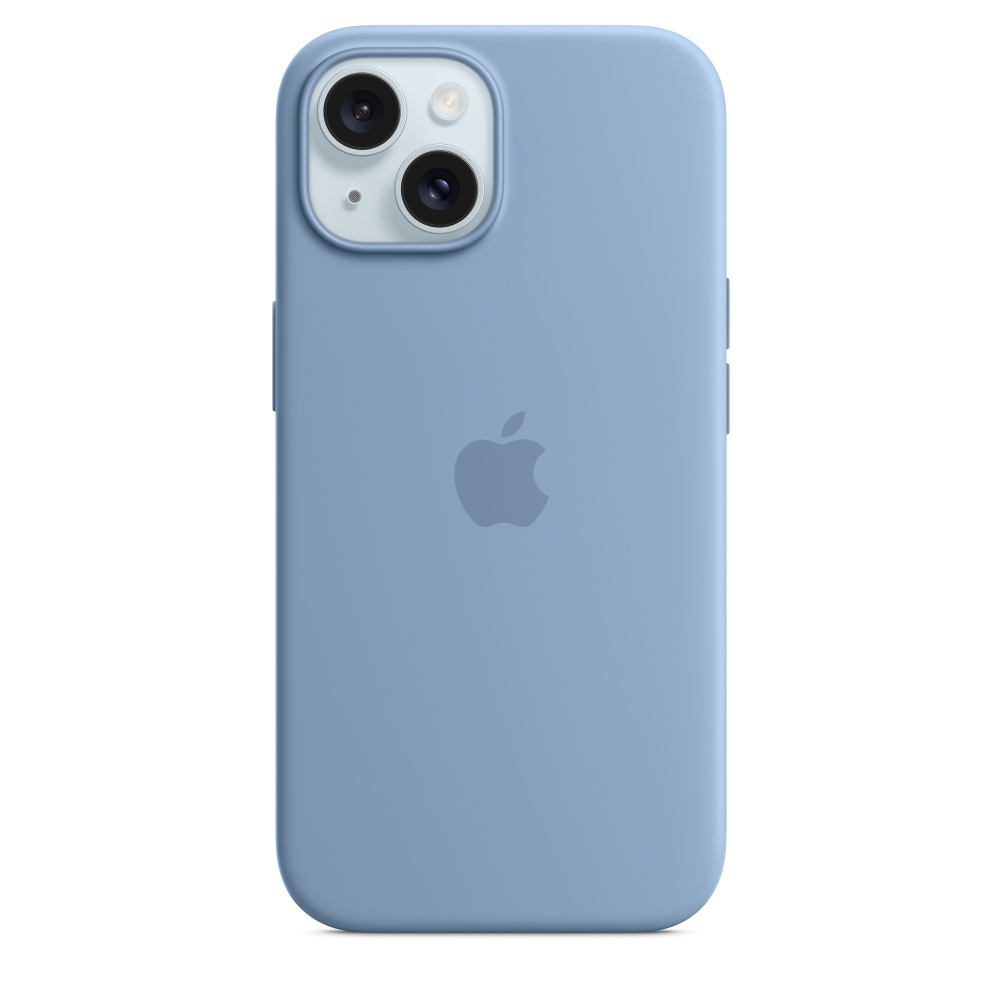 A blue iPhone with an Apple logo on the back and two cameras.