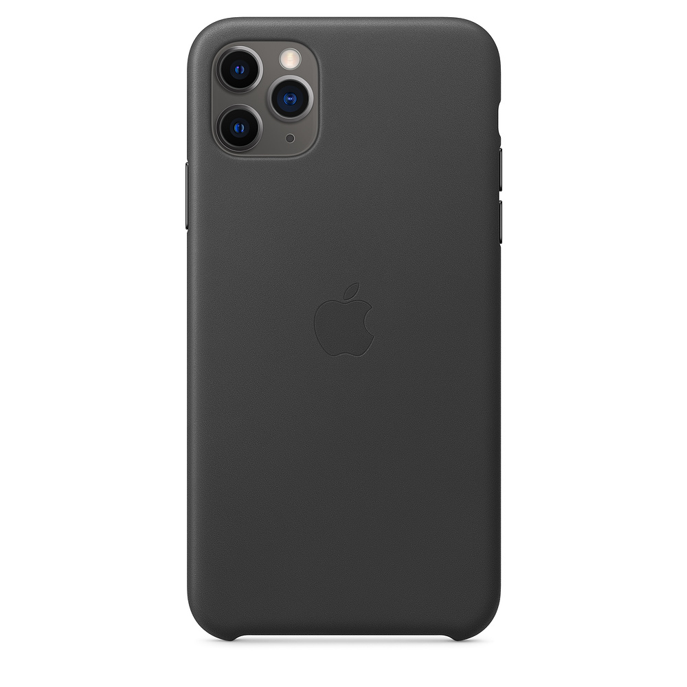Een zwarte iPhone hoes met Apple logo en camerahouder.