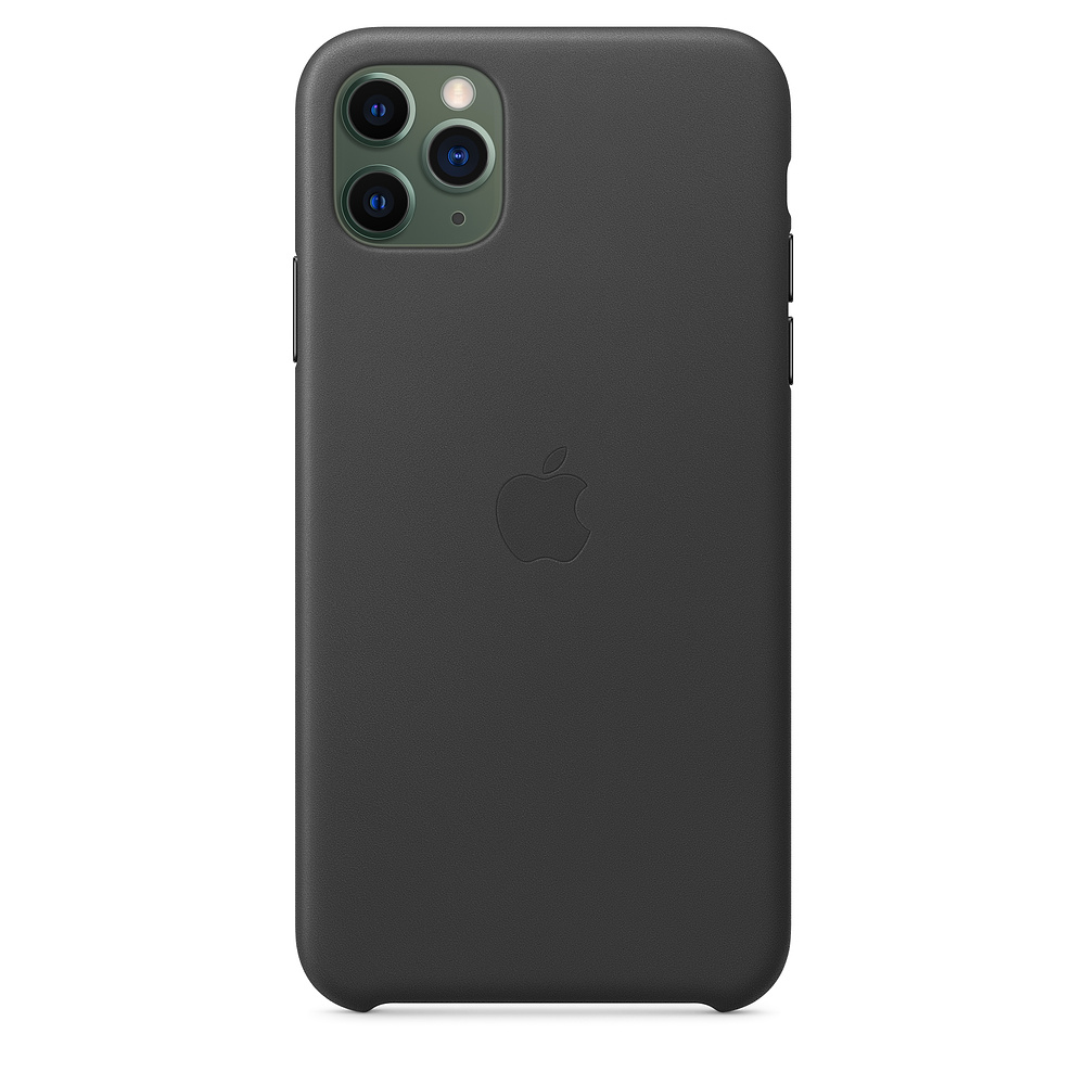 Donkergrijs iPhone-hoesje met Apple-logo en drievoudige camera.