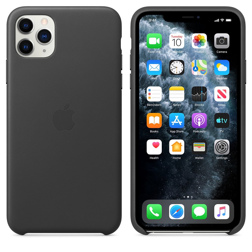 Donkergrijs iPhone hoesje met Apple logo, en een iPhone met apps.