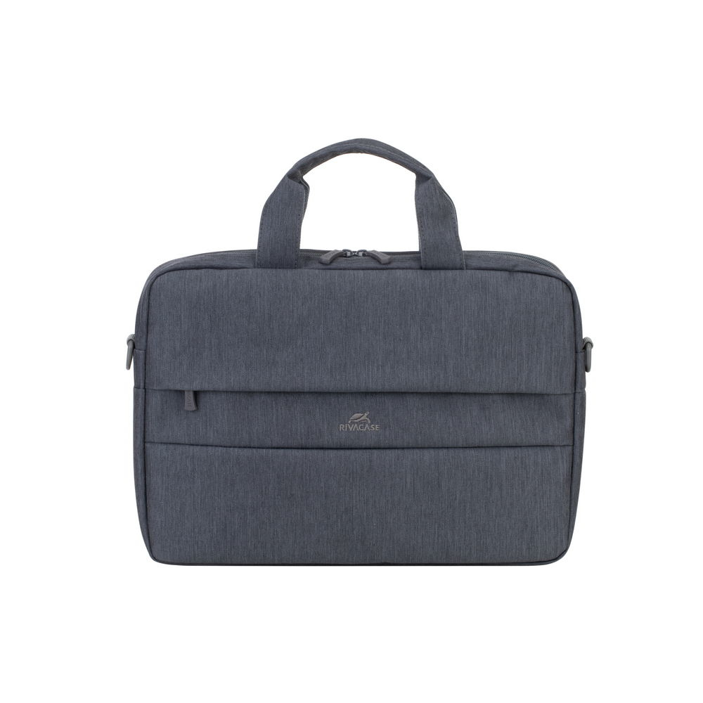 Borsa porta PC in tessuto grigio scuro con due manici e logo frontale.